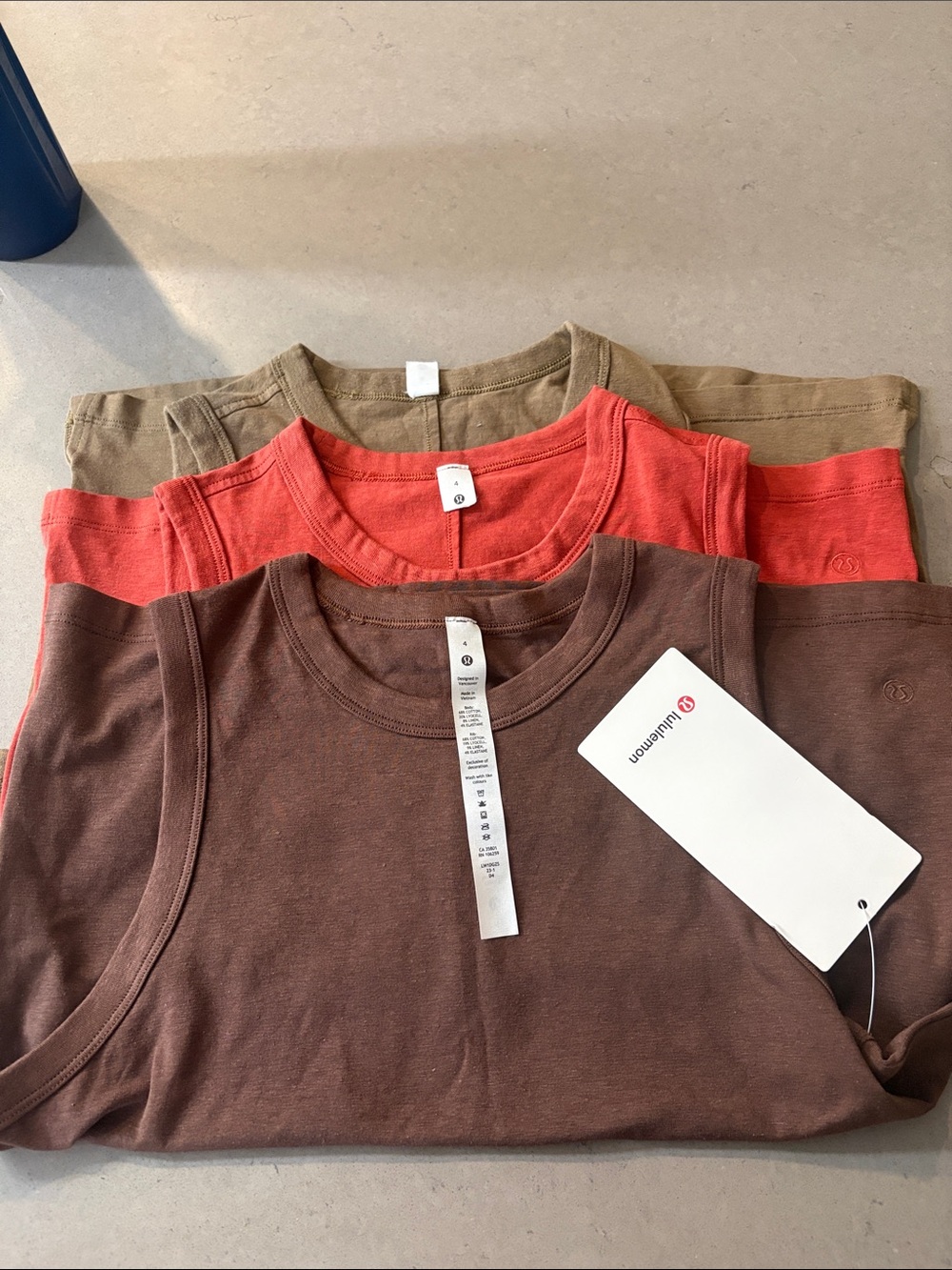 Lululemon classic-fit cotton blend tanks Java, Red Rock? and Artifact?